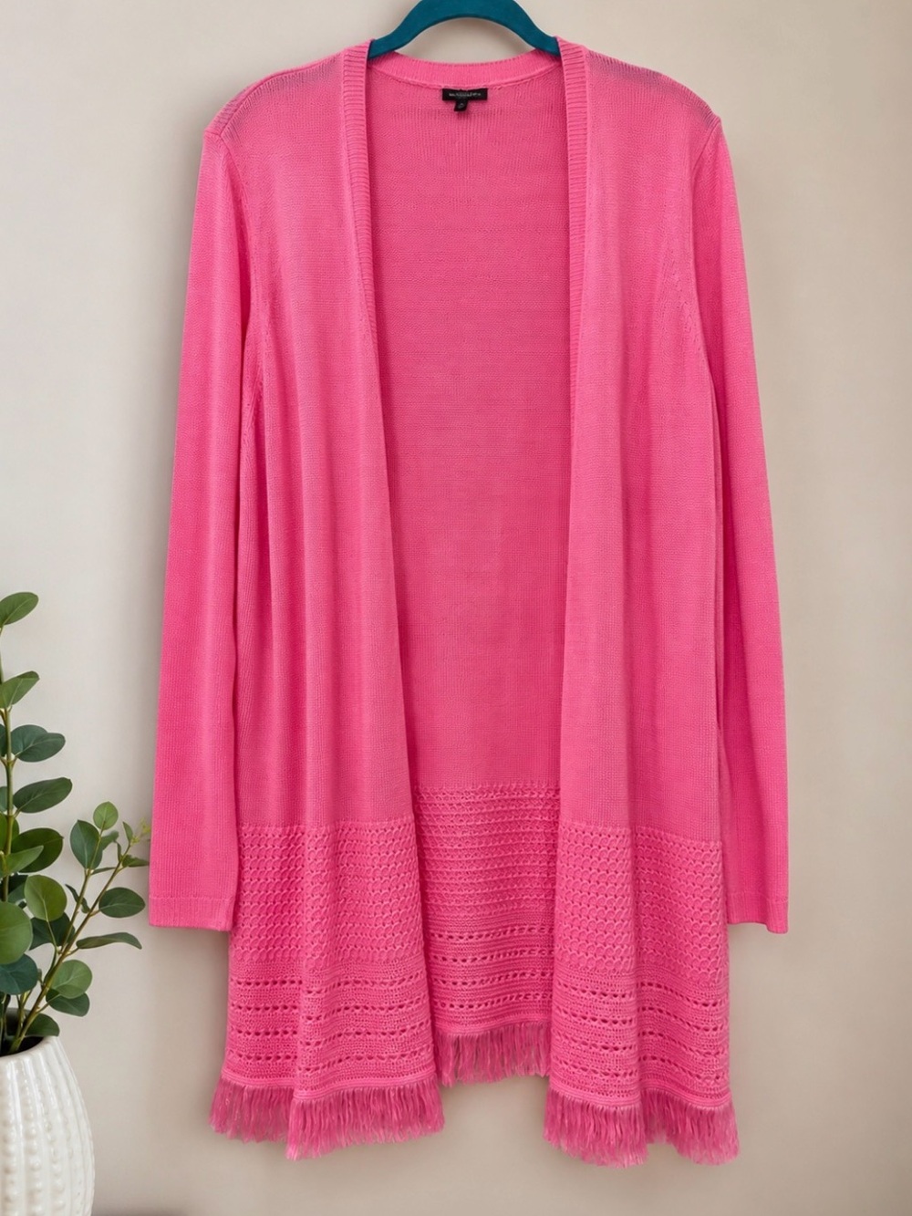 Talbots Women's Pink Open-Front Fringe Hem Sweater Cardigan XL P